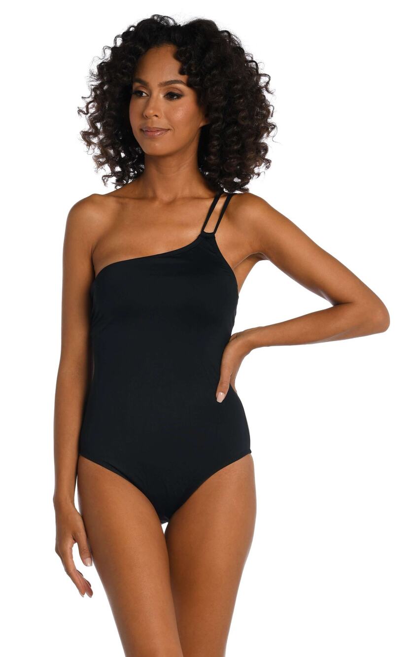 La Blanca Black Island Goddess Lace Back One Shoulder One Piece